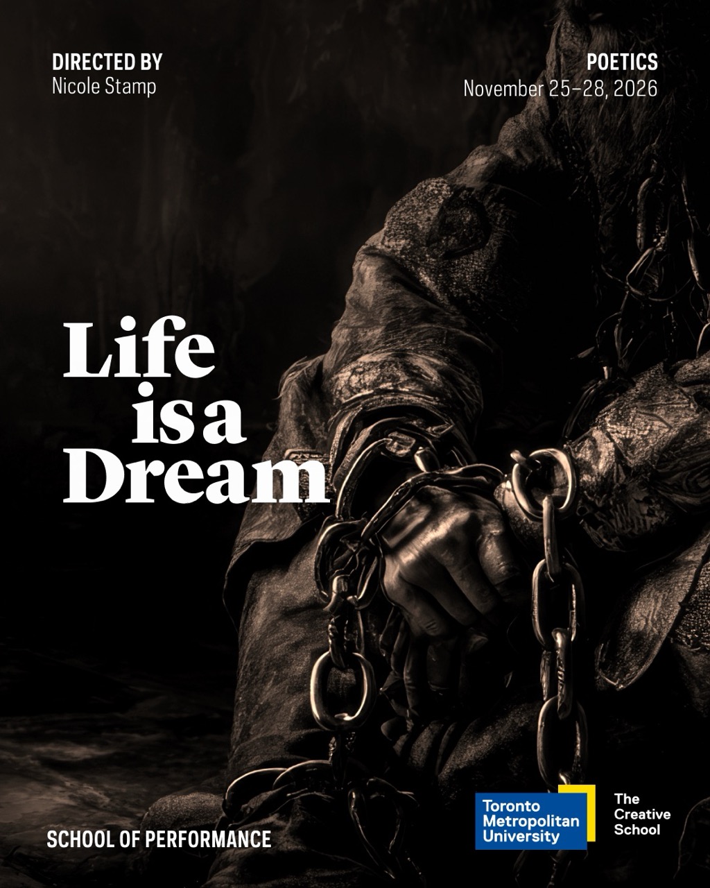 A man sits with chains arounf his hands. The title "Life is a Dream" is in the center.