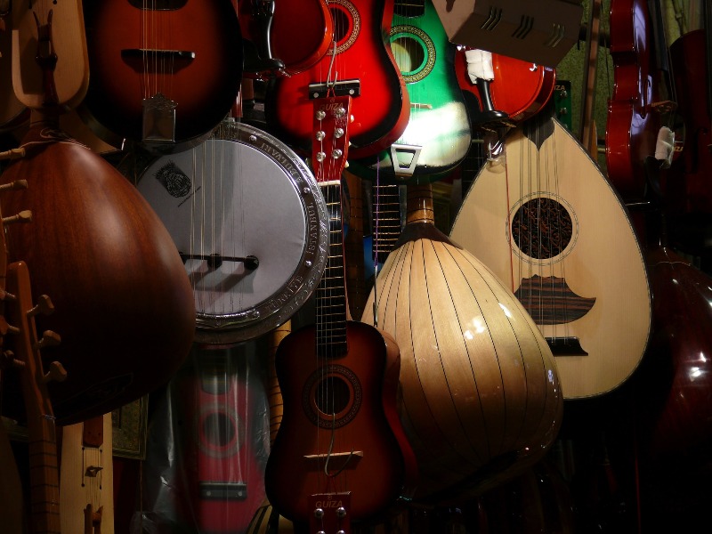 String instruments hanging in various colours.