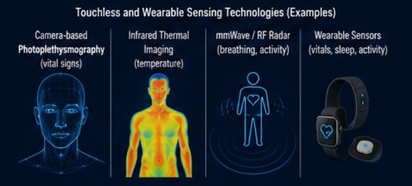 Complementary touchless and wearable technologies for comprehensive monitoring. 