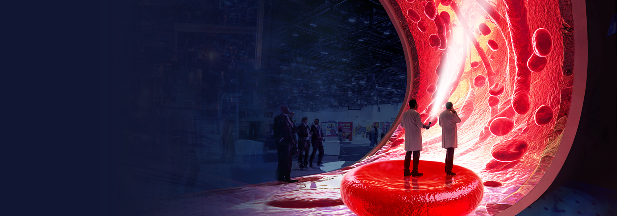 Optics of Blood book cover: illustration of two researchers inside a blood vessel looking at blood cells.