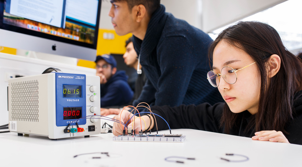 Physics undergraduate students working in program lab.