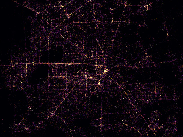Plot of how many cell phones are in a given area in the vicinity of Houston, Texas.