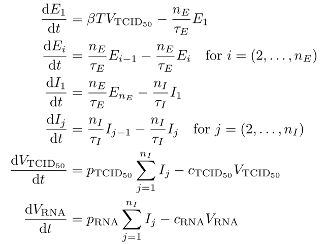 Equations describing the infection status of cells and the concentration of virus over the course of a virus infection.