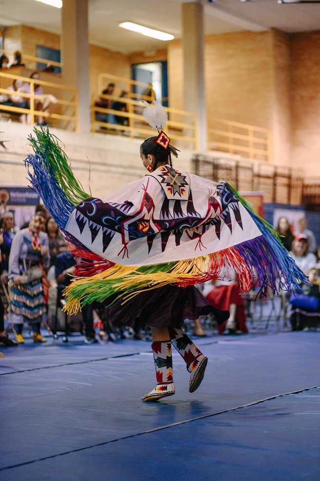 A close up photo of a Pow Wow Dancer from the 2018 Ryerson Pow Wow, in the upper gym. The dancer's back is to the camera and their Regalia is bright and multi-coloured. Above, the audience watches from the upper viewing gallery.