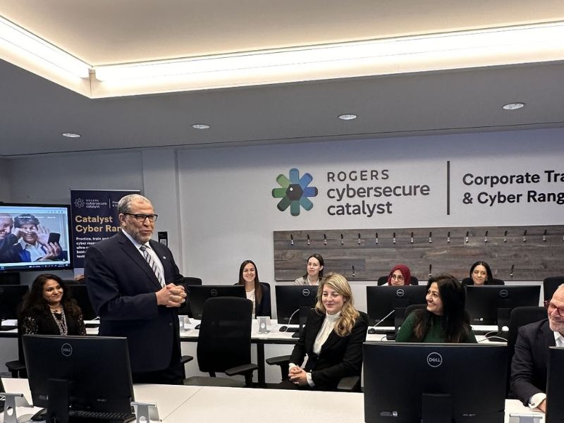 President Lachemi stands and addresses guests in the Rogers Cybersecure Catalyst
