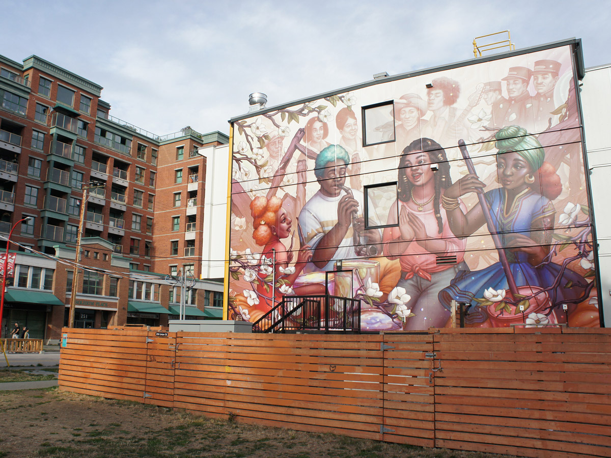 A mural in Vancouver titled “Remember Hogan’s Alley” by artist Ejiwa “Edge” Ebenebe. Photo credit: Magdalena Ugarte.