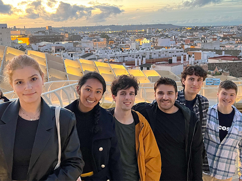 Students Ariel Weiss, Jake Levy, Jake Kroft, Luke De Bartolo, Sadberk Agma, and Daniela Diaz on top of Metropol Parasol in Seville, Spain.