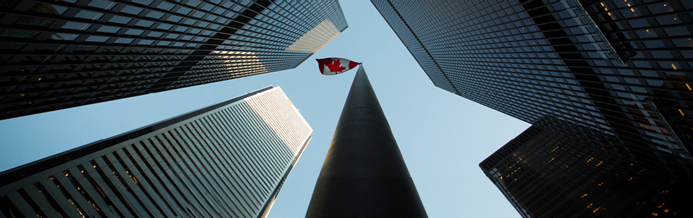 The Canadian flag blows in the wind between the skyscrapers of Toronto's financial district.