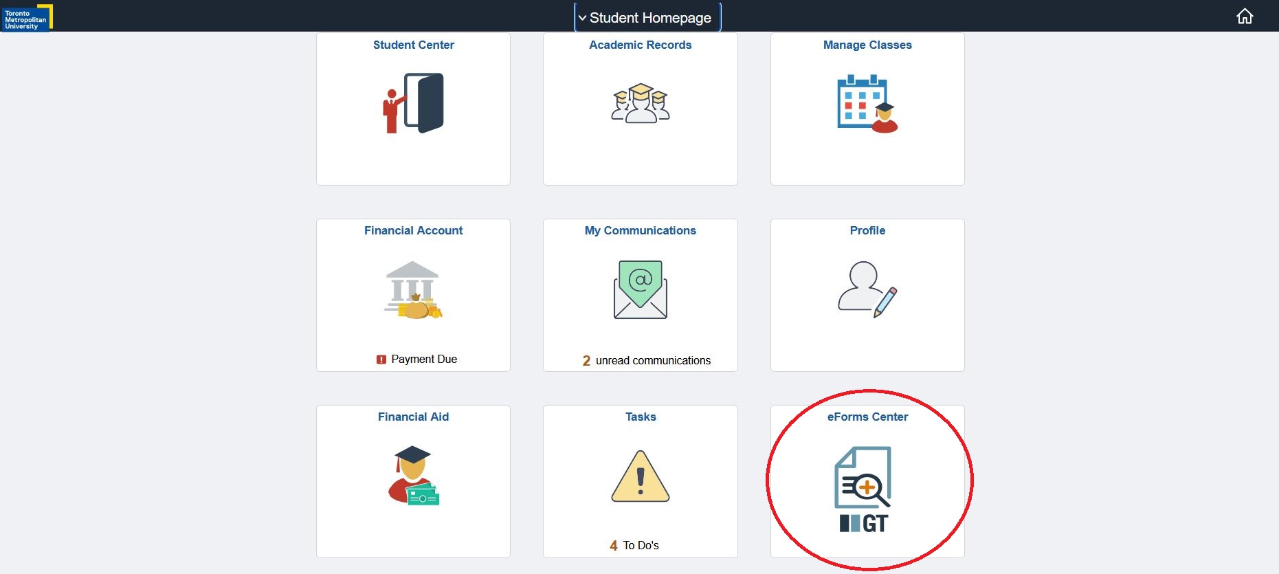 eForms Center button highlighted in the bottom right corner of MyServiceHub.