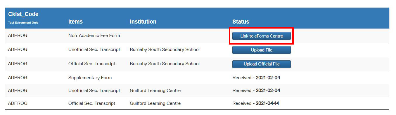 eForms Centre button highlighted in the applicant portal account