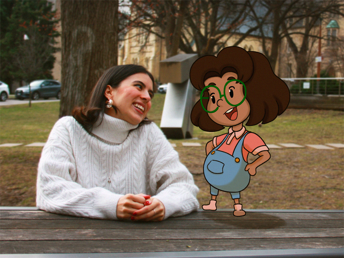 Image Arts: Film graduate, Dani Sadun, smiling at her fictional character, Frida, at a park.