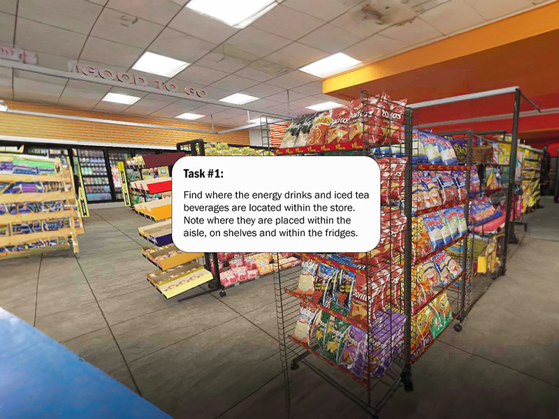 A photo illustration of Dr. Janice Rudakowski's virtual reality convenience store with task prompt