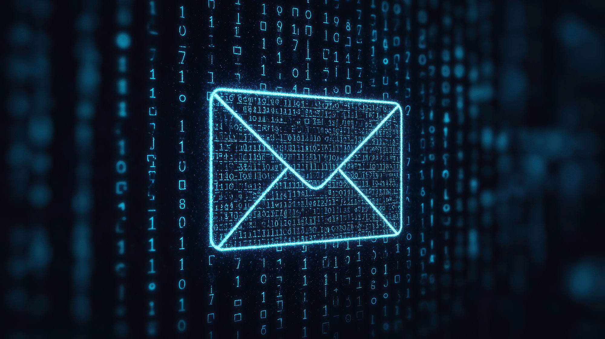 Glowing digital envelope symbolizing secure email communication in a binary world