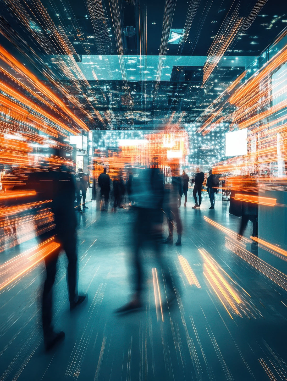 IT business convention, demonstration booth. Long exposure. Blurred human motion. Hand edited generative AI.