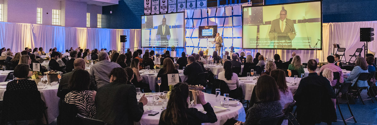 President Lachemi at the podium speaking to the audience at the Toronto Met Awards Gala.