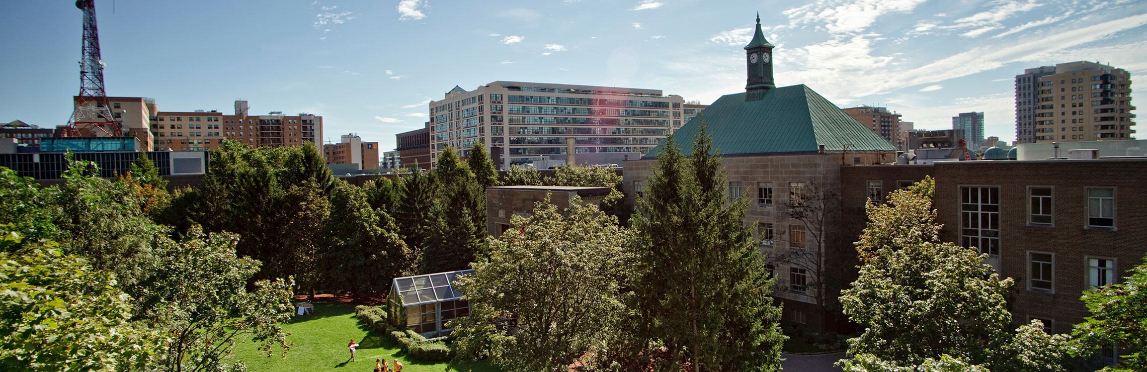 Aerial shot of Toronto Metropolitan University's campus, looking south west.