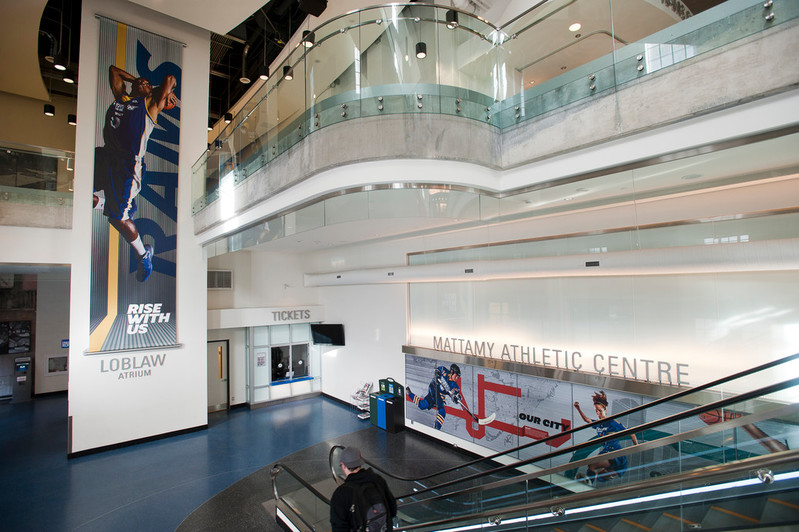 A view of the first floor lobby in Mattamy Athletic Centre, as seen descending the stairs from the second floor. 