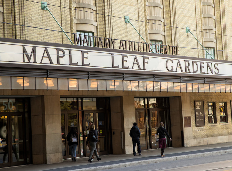 The historic Maple Leaf Gardens marquee sign on Carlton Street, at the main entrance to the Mattamy Athletic Centre. 