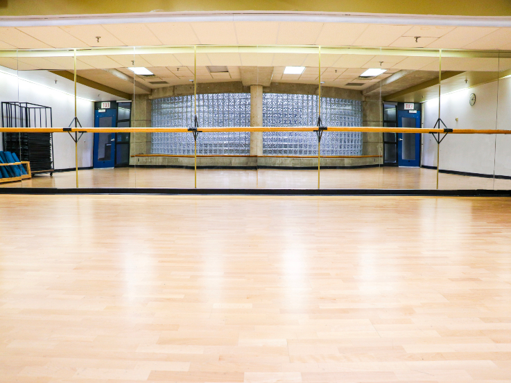 Looking towards the mirror and ballet bar in studio two at RAC 