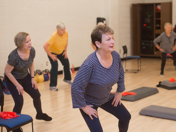 A group of participants in the older adult fitness class.