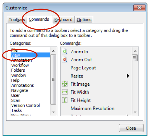 Commands tab in Customize dialog box with Categories and Commands lists