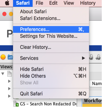 Preferences option in Safari dropdown menu 