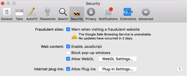 Security tab in Safari Preferences window with Internet plug-ins section