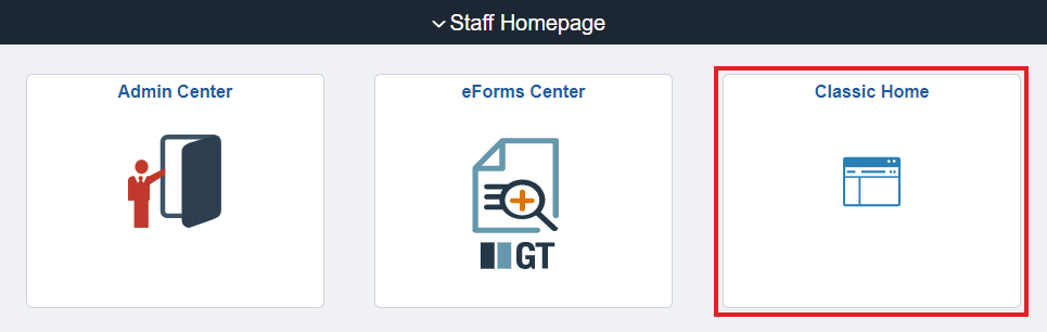 Staff homepage highlighting classic home button and icon with a webpage in it