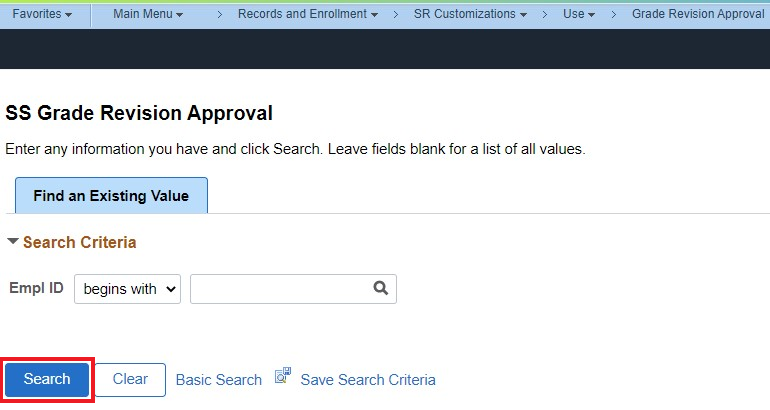 SS grade revision approval page highlighting the search button