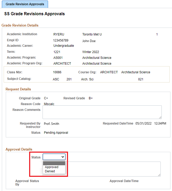 Grade revision approvals tab highlighting the approval details status with approved or denied options