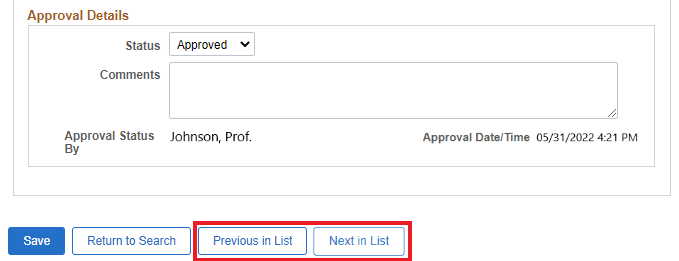 Grade revision approvals tab on step 7 highlighting the previous in list and next in list buttons