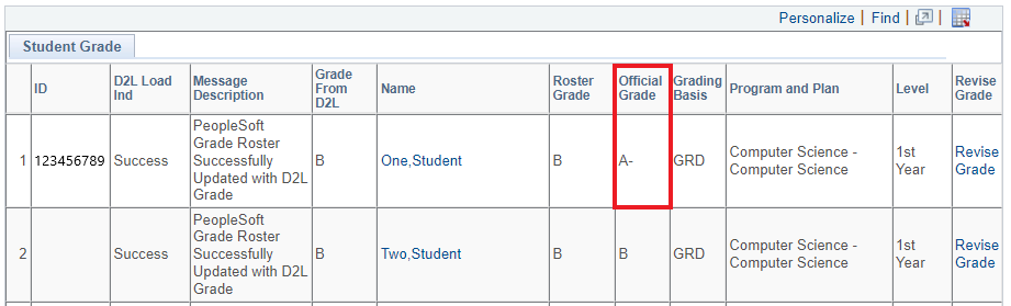 Student grade table with official grade highlighted