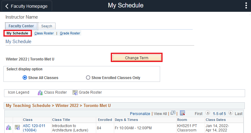 My Schedule page with my schedule tab and change term highlighted