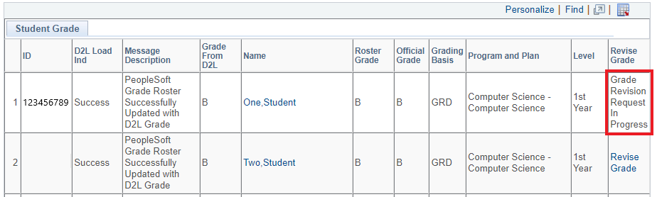 Student grade table with with row 1 and column Revise grade with content Grade Revision Request in Progress highlighted