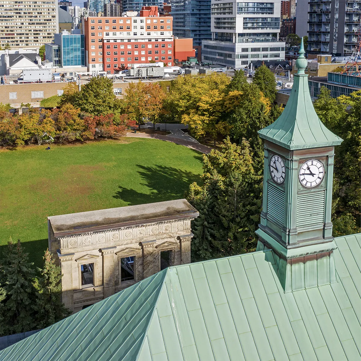 Close up of Kerr Hall's clock on TMU campus.