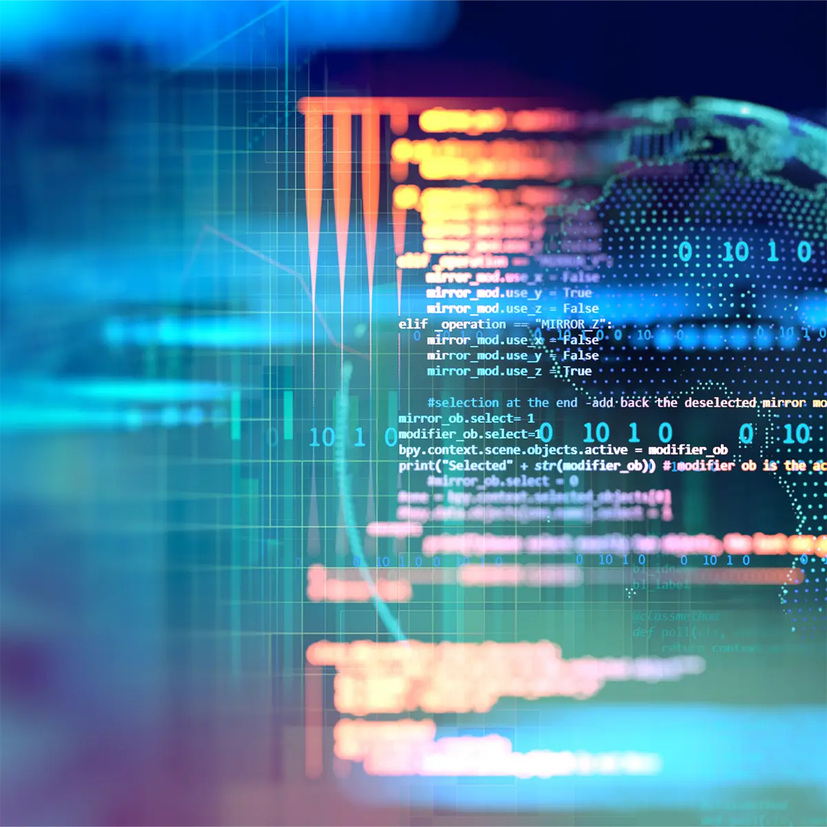 Abstract image of computer screen with an image of Earth in the background and brightly-lit programming code and numbers randomly placed over top.