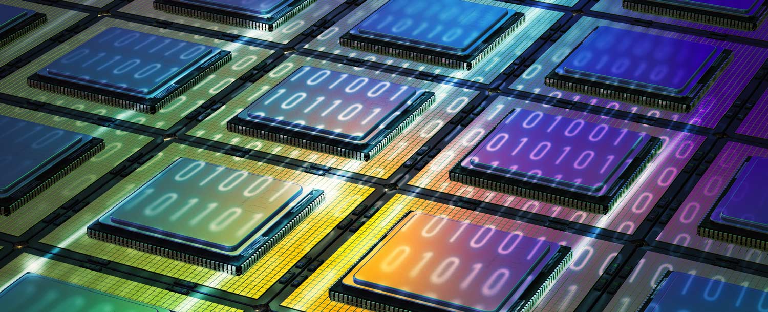 A grid of computer chips with sequences of ones and zeroes superimposed. 