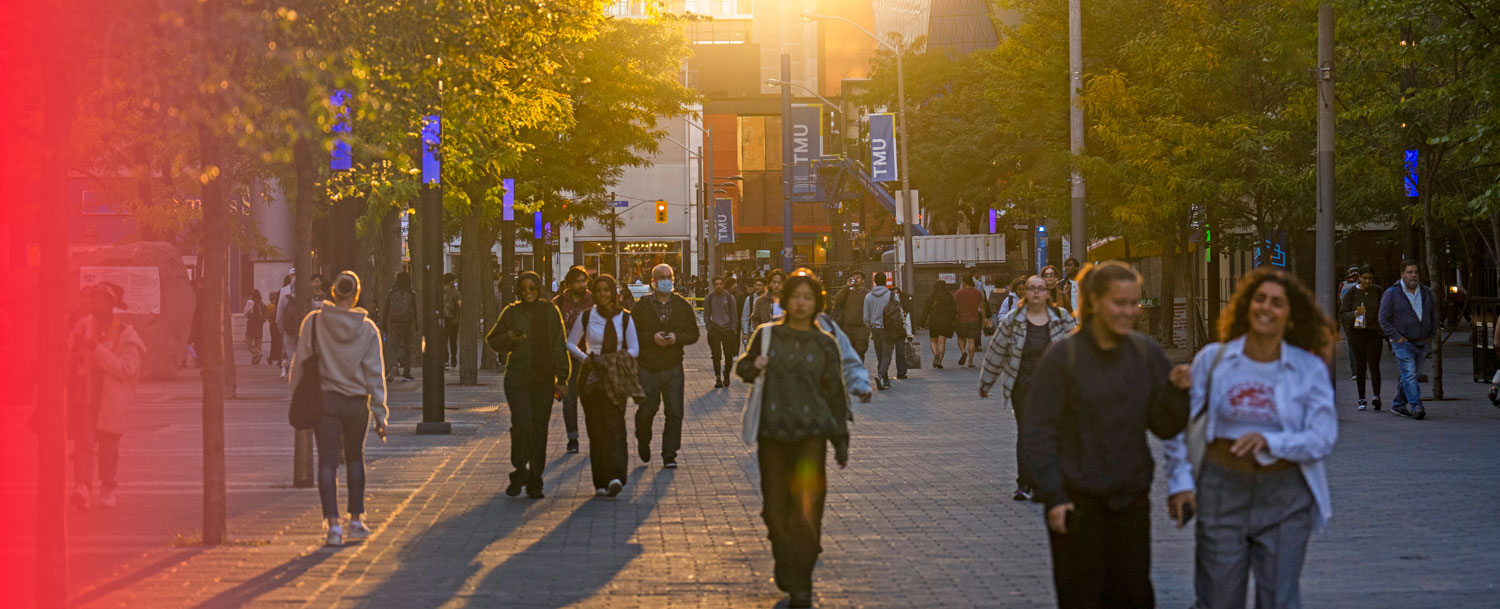 Students walk outside on campus in the late day sun.