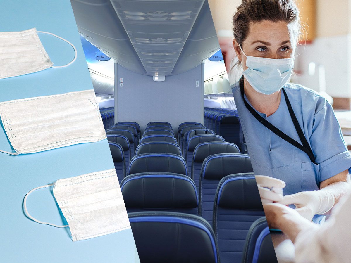 Composite image of PPE, empty airplane seats, and a medical professional wearing a face mask