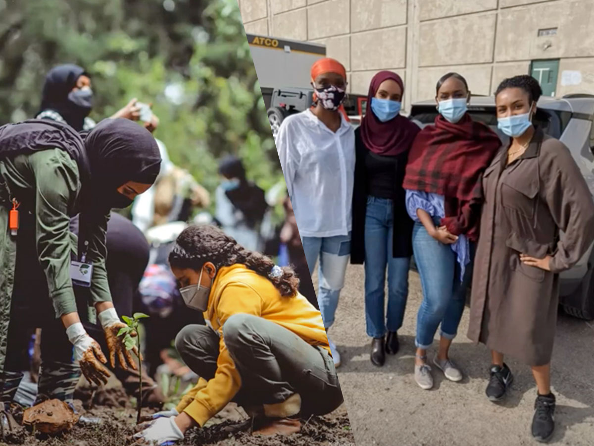 Screenshots from students’ presentations showing women planting trees and four Black Ryerson midwifery students.