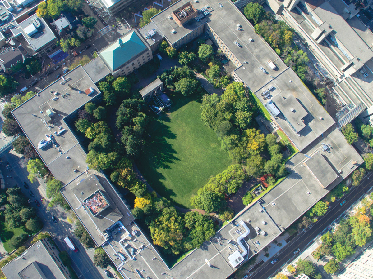 An aerial view of Kerr Hall and the quad at Ryerson University