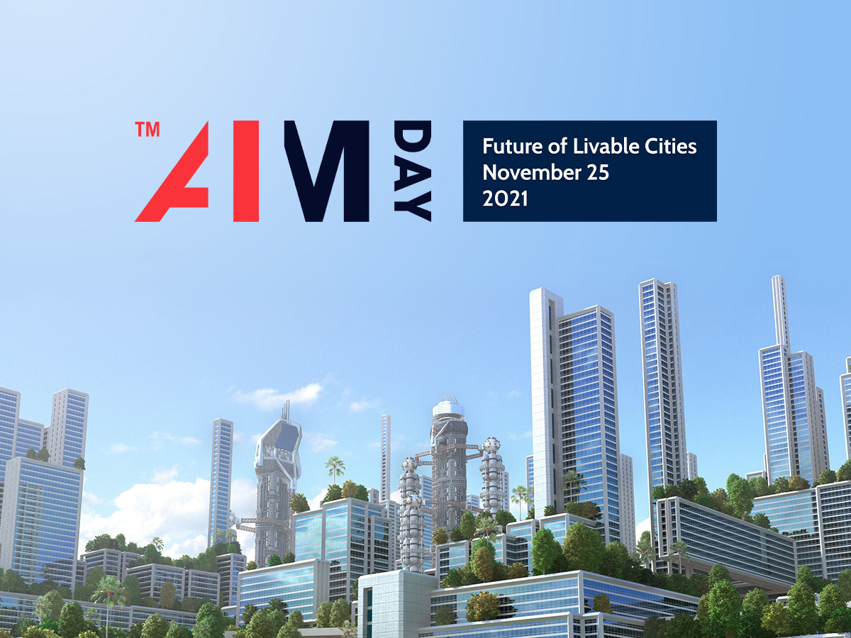 AIMday Future of Livable Cities logo above a blue sky and futuristic cityscape