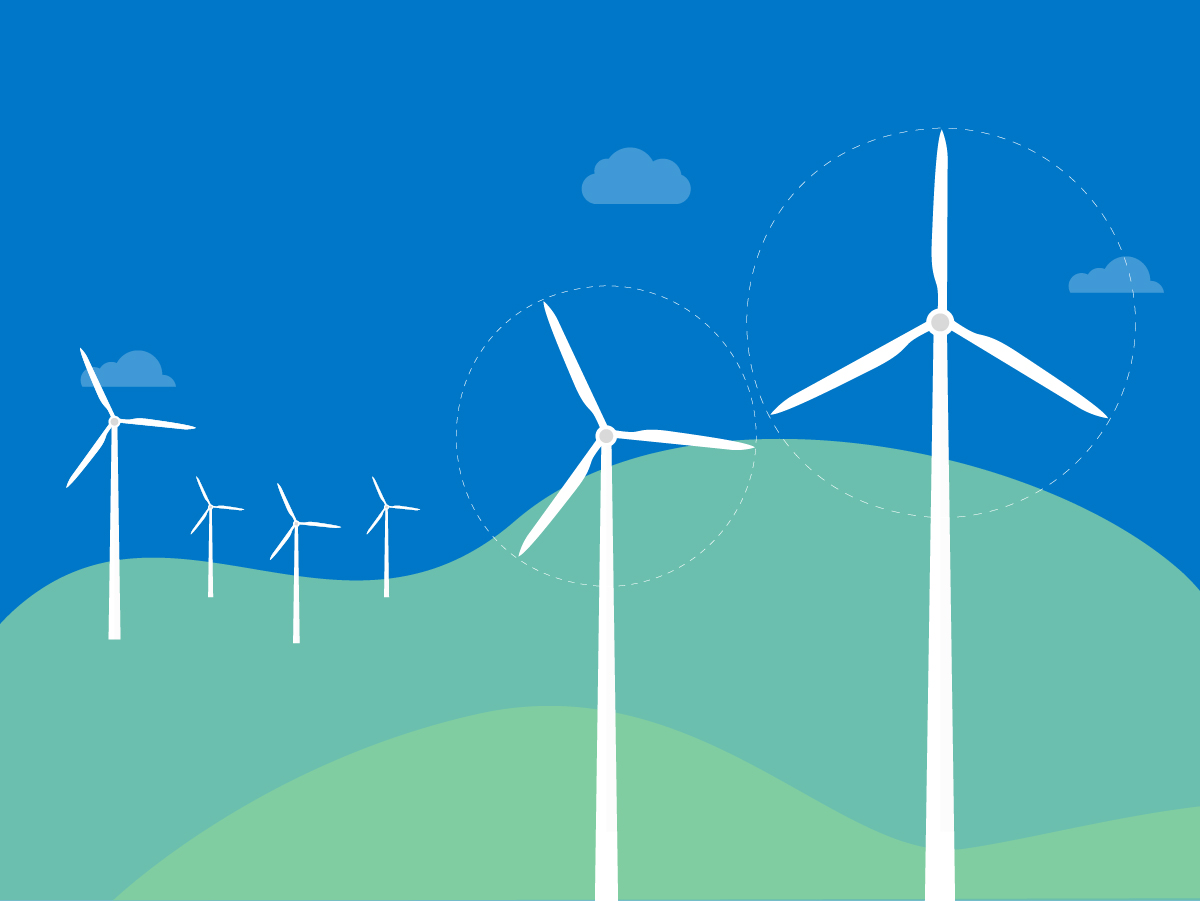 Six ilustreated wind turbines on a blue backgrounds and green foreground. 