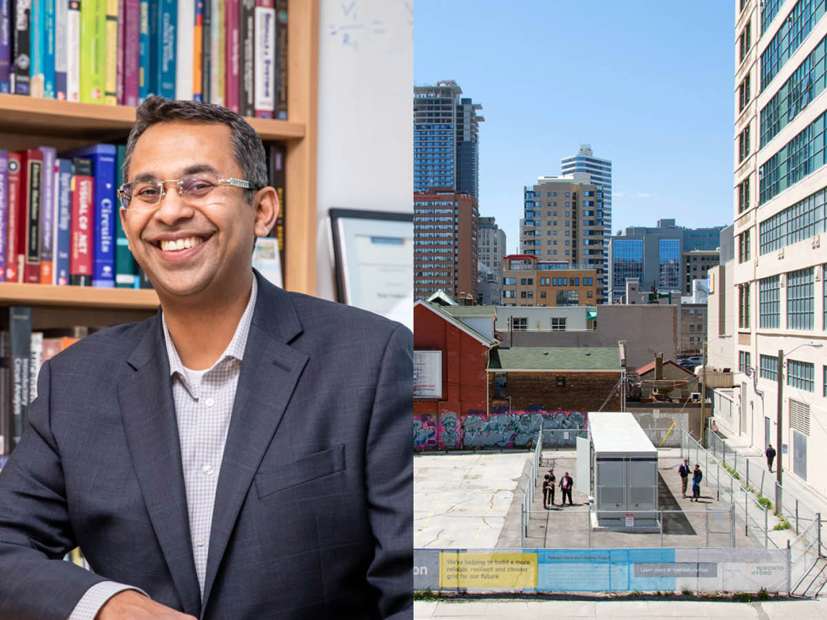 Left: Professor Bala Venkatesh. Right: Several people surround a utility-scale battery system that was a collaboration between Toronto Hydro and professor Bala Venkatesh. 