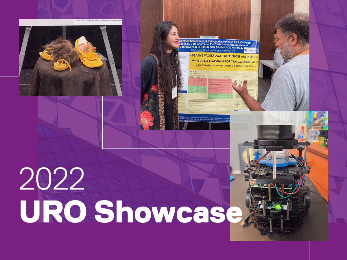 A collage of images from the URO Showcase featuring a student presenting a poster, a multi-tiered machine and a display of moccasins. 