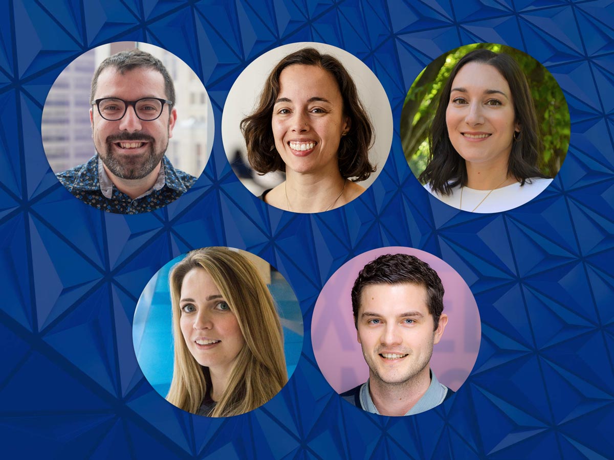 Individual headshots of professors Costin Antonescu, Sarah Dermody, Miranda Kirby, Oona St-Amant and Ian Young are overlaid against a blue background of the patterned glass of the Student Learning Centre. 