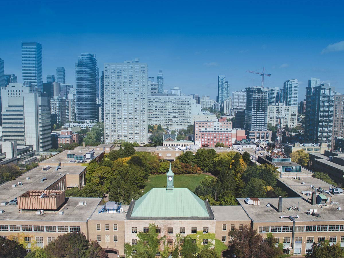 Kerr Hall quad on the Toronto Metropolitan University campus with downtown Toronto in the background. The image has a TMU logo and reads Congratulations to the 2023 recipients of the university’s SRC Activity Awards.