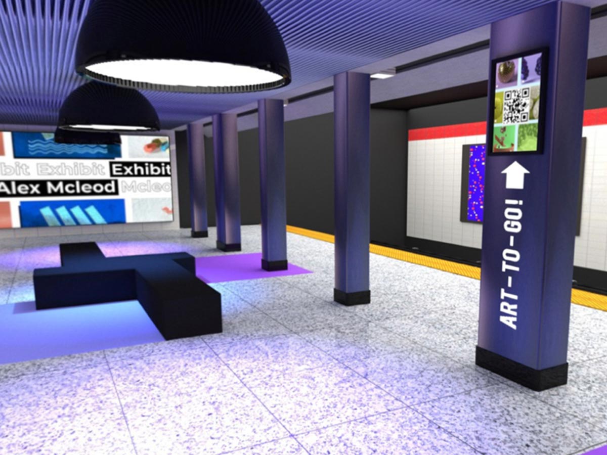 A subway station includes a black geometric bench and art exhibits for transit riders to enjoy. 