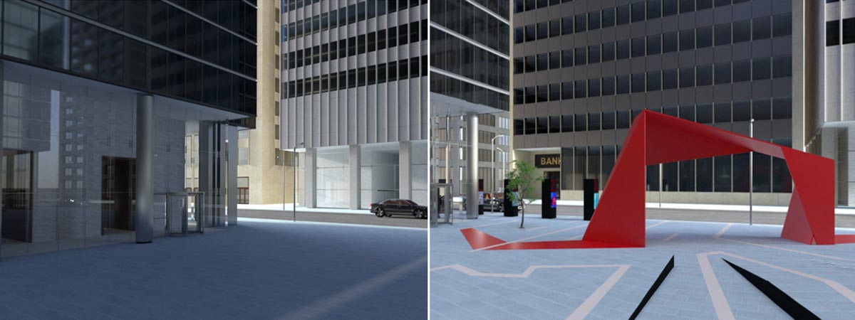 On the left is an empty public plaza surrounded by gray buildings, and on the right is the same plaza, but with enhancements such as a red abstract sculpture, trees and artistic lines and steps. 