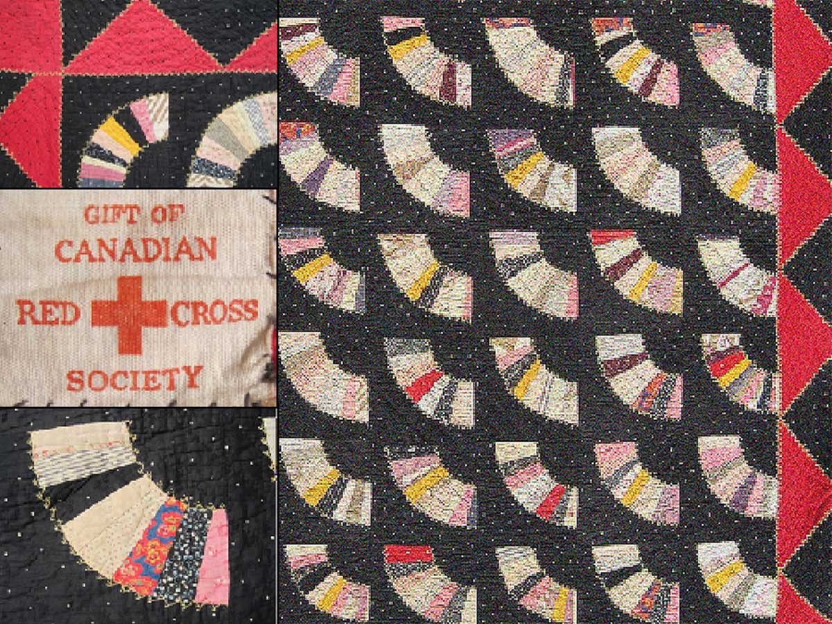 A black and red quilt with a fan pattern. Closeups show the multicoloured fabrics making the fans and a patch notes it is a gift of the Canadian Red Cross Society. 